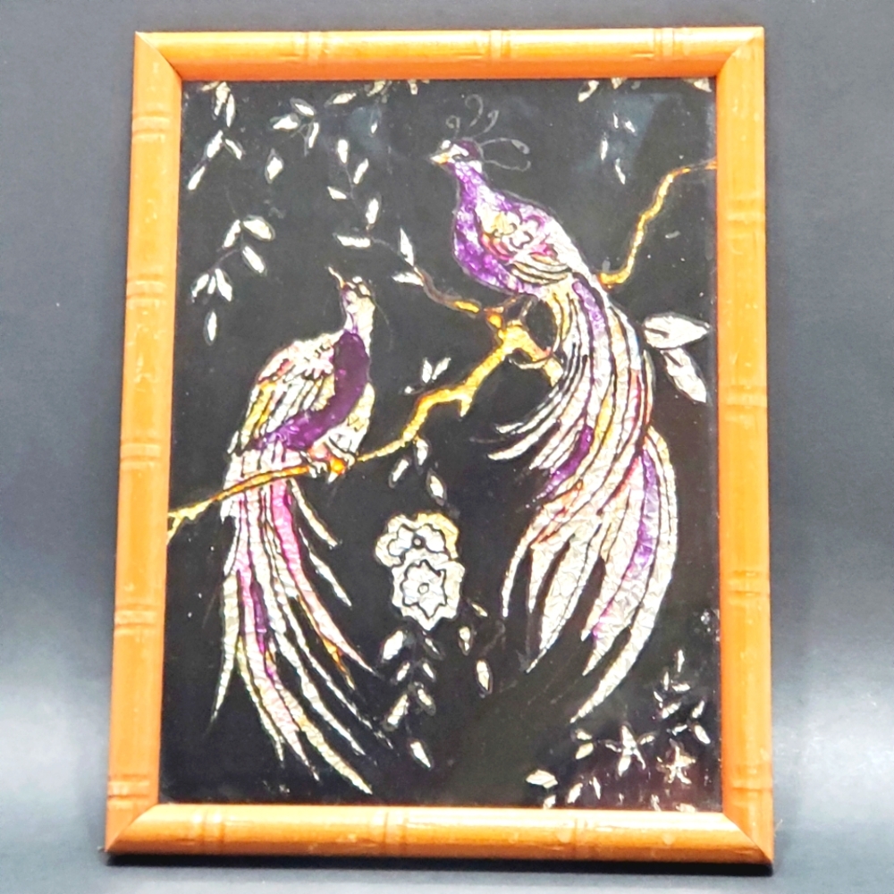 Two Peacocks Framed Foil Art Colored Foil Backed Painted Glass 7x9"